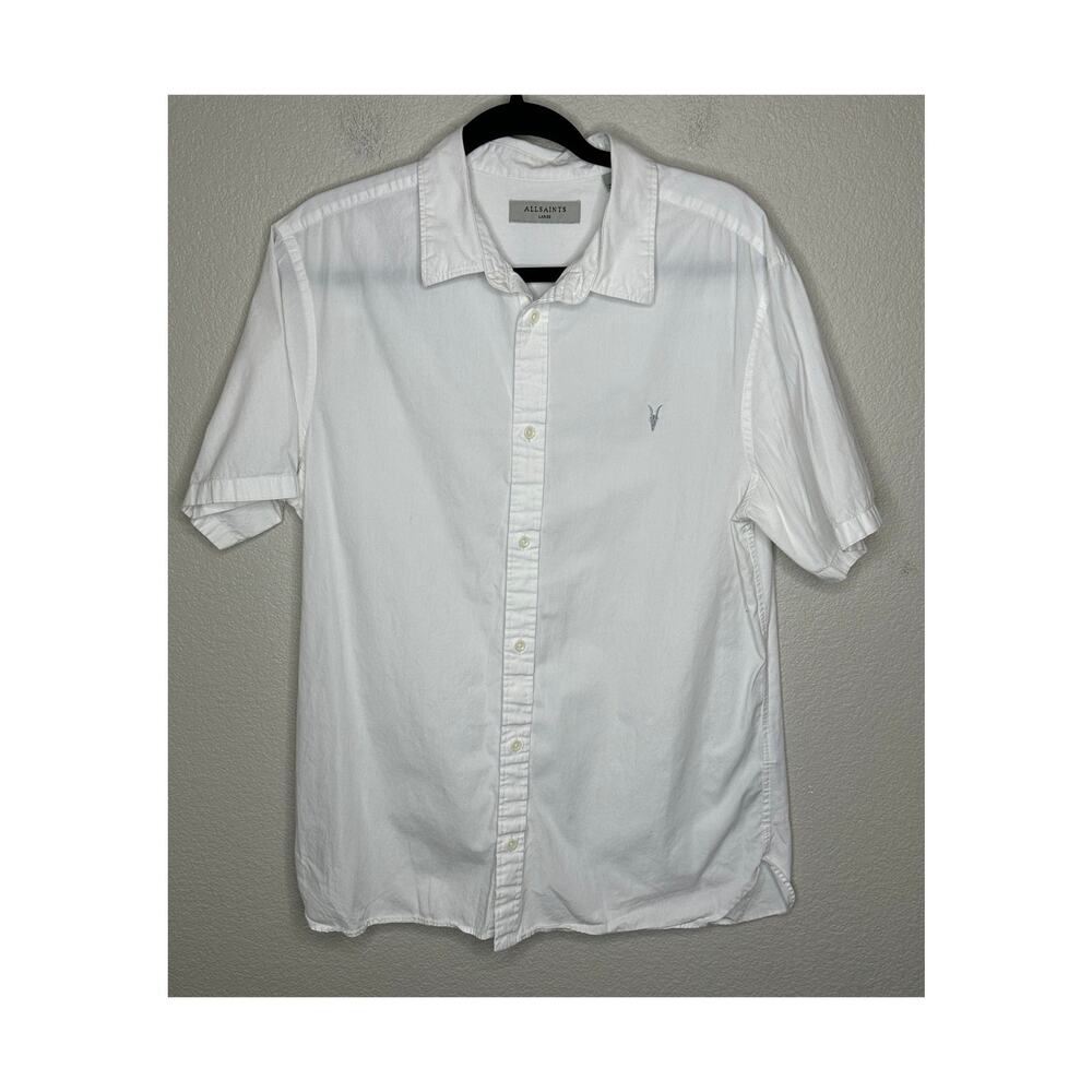 AllSaints Shirt Mens L White Ramskull Embroidered Button Up Short Sleeve Cotton